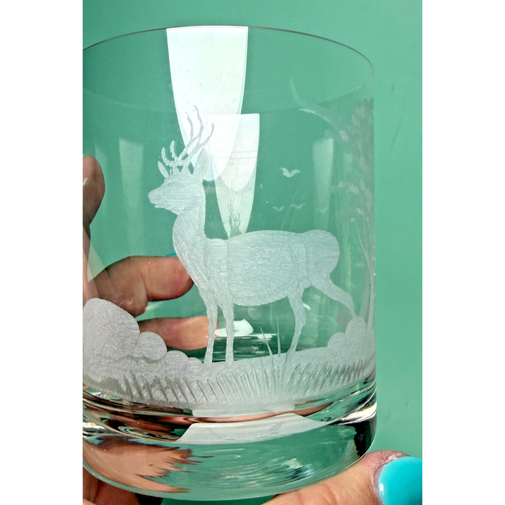 Vintage Riedel Hunt Scene Wild Game Etched Double Old Fashioned Glasses Barware - Picture 6 of 9